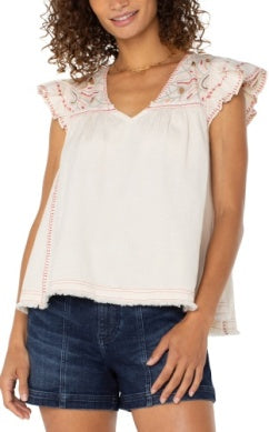 flutter sleeve v neck woven blouse w emb LM8F81WV70E6