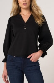 3/4 slv knit-to-woven top w/ smocking LM8L90K99