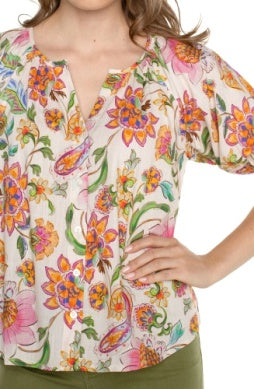 LM8B67EE9P96 SHORT SLEEVE BUTTON FRONT FLORAL BLOUSE