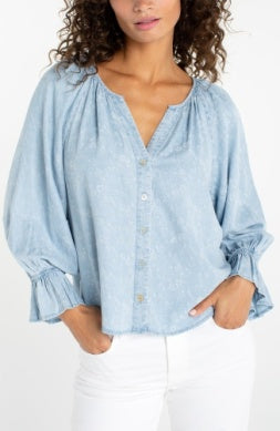 3/4 sleeve button front shirred woven top LM8K84TLQ