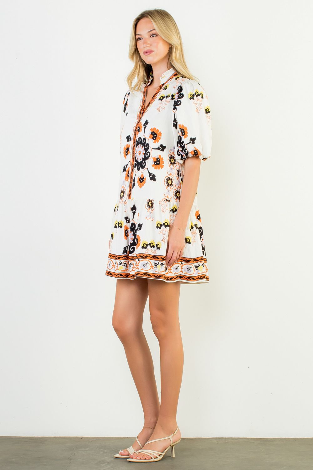 WCT3229 Puff Sleeve V-Neck Floral Mini Dress