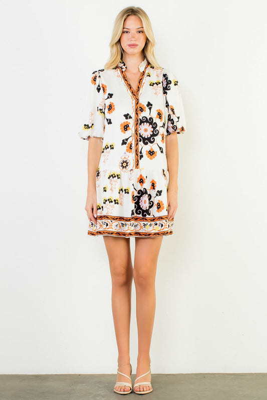 WCT3229 Puff Sleeve V-Neck Floral Mini Dress