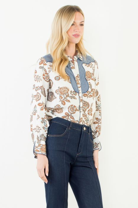 WCT3406 LONG SLEEVE FLORAL DETAIL BUTTON UP TOP
