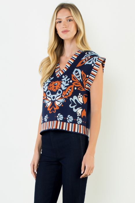 WK0862 FLOWER PRINT WITH STRIPE DETAIL VEST