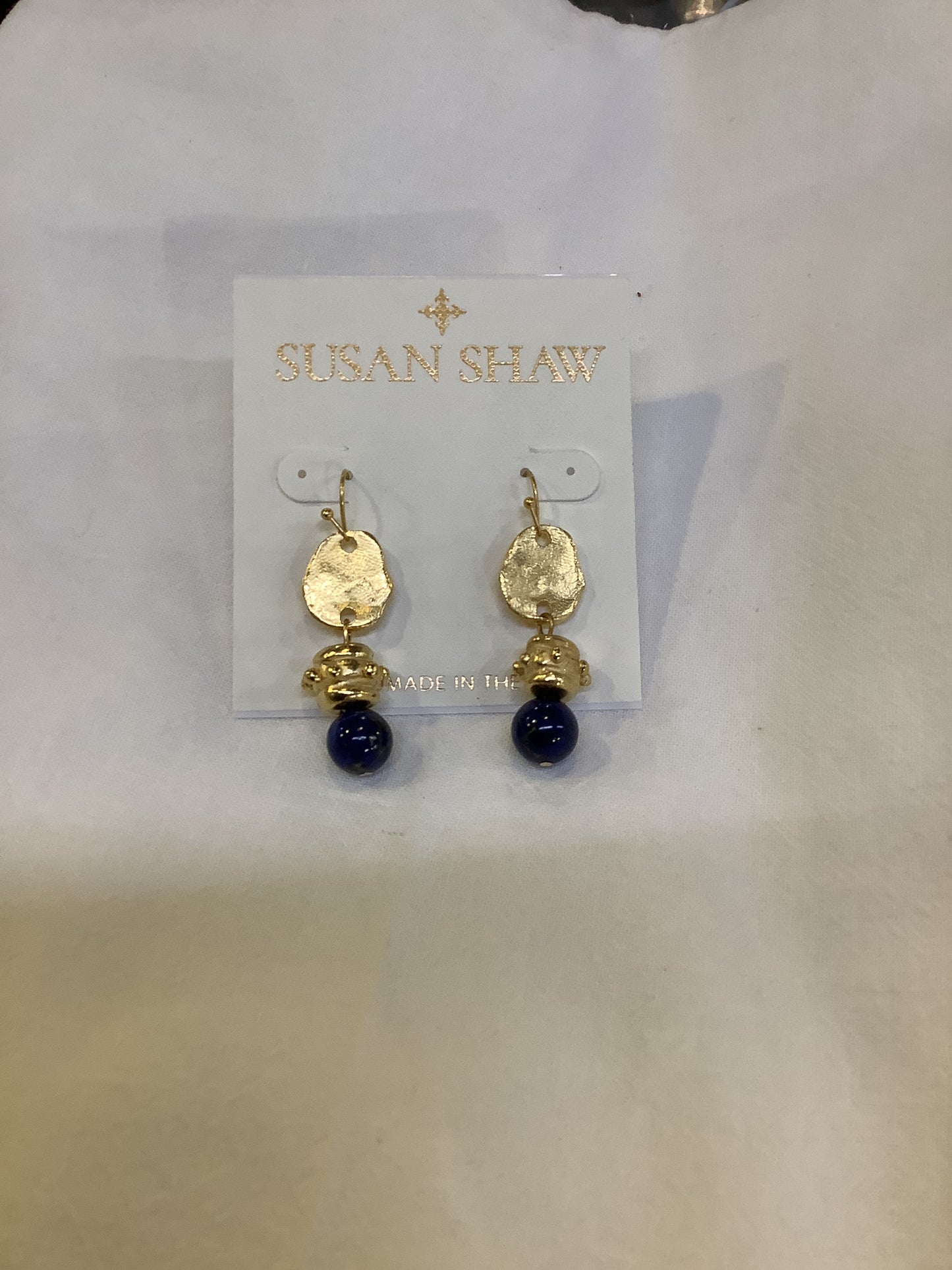 HANDCAST GOLD BEAD LAPIS EARRING