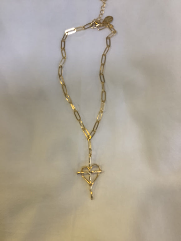 3002G GOLD HEART ON CROSS PAPERCLIP CHAIN NECKLACE