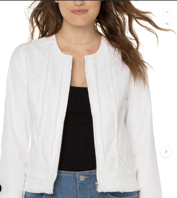 LM1022QY-W FRAYED ZIP JACKET W 3/4 SLEEVE BRIGHT WHITE